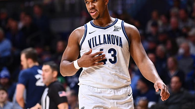 Jan 7, 2023; Villanova, Pennsylvania, USA; Villanova Wildcats forward Eric Dixon (43) reacts against the Xavier Musketeers in the first half at William B. Finneran Pavilion. Mandatory Credit: Kyle Ross-USA TODAY Sports