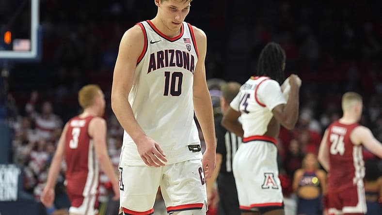 Jan 7, 2023; Tucson, Arizona, USA; Arizona Wildcats forward Azuolas Tubelis (10) leaves the court after being defeated by the Washington State Cougars at McKale Center. Mandatory Credit: Joe Camporeale-USA TODAY Sports