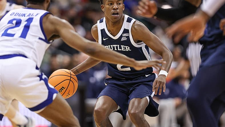 Jan 7, 2023; Newark, New Jersey, USA; Butler Bulldogs guard Eric Hunter Jr. (2) dribbles against Seton Hall Pirates guard Femi Odukale (21) during the first half at Prudential Center. Mandatory Credit: Vincent Carchietta-USA TODAY Sports