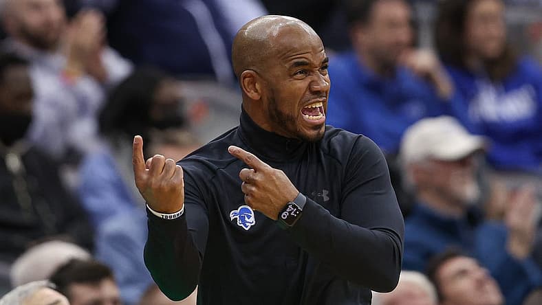 Jan 7, 2023; Newark, New Jersey, USA; Seton Hall Pirates head coach Shaheen Holloway reacts during the first half against the Butler Bulldogs at Prudential Center. Mandatory Credit: Vincent Carchietta-USA TODAY Sports