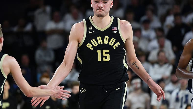 Jan 8, 2023; Philadelphia, Pennsylvania, USA; Purdue Boilermakers center Zach Edey (15) celebrates after scoring against the Penn State Nittany Lions in the second half at The Palestra. Mandatory Credit: Kyle Ross-USA TODAY Sports
