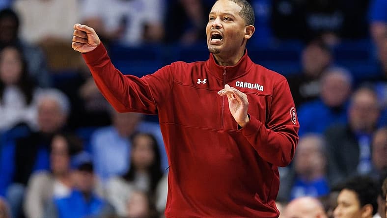 Jan 10, 2023; Lexington, Kentucky, USA; South Carolina Gamecocks coach Lamont Paris talks to his players during the first half against the Kentucky Wildcats at Rupp Arena at Central Bank Center. Mandatory Credit: Jordan Prather-USA TODAY Sports
