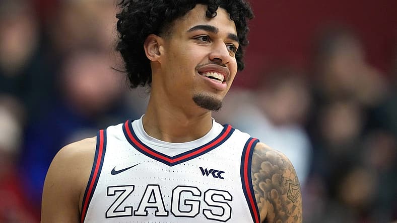 Jan 7, 2023; Santa Clara, California, USA; Gonzaga Bulldogs guard Julian Strawther (0) warms up before the game against the Santa Clara Broncos at Leavey Center. Mandatory Credit: Darren Yamashita-USA TODAY Sports