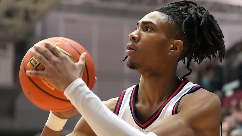 Jan 7, 2023; Santa Clara, California, USA; Gonzaga Bulldogs guard Hunter Sallis (5) shoots against the Santa Clara Broncos during the first half at Leavey Center. Mandatory Credit: Darren Yamashita-USA TODAY Sports