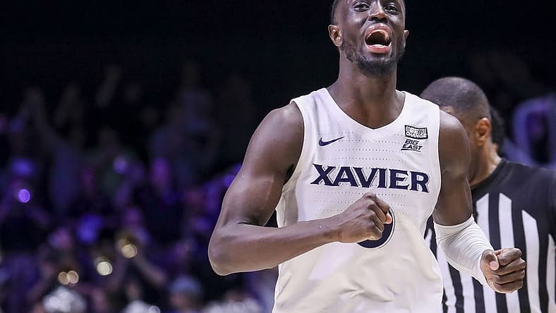 Jan 11, 2023; Cincinnati, Ohio, USA; Xavier Musketeers guard Souley Boum (0) celebrates the victory over the Creighton Bluejays at Cintas Center. Mandatory Credit: Katie Stratman-USA TODAY Sports