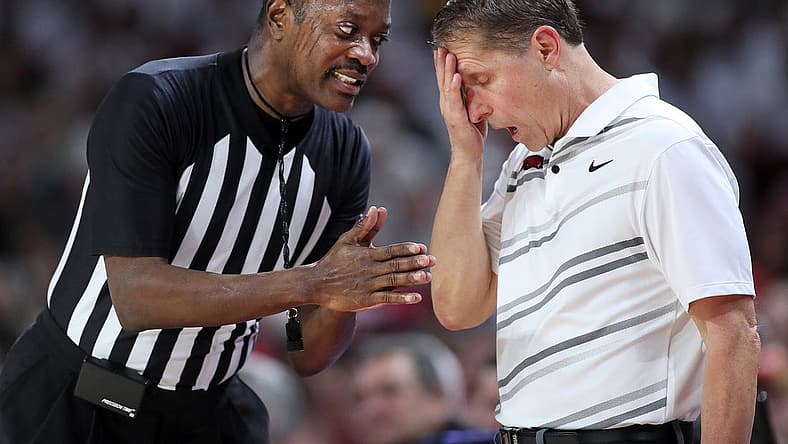 Jan 11, 2023; Fayetteville, Arkansas, USA; Arkansas Razorbacks head coach Eric Musselman reacts to an official during the second half against the Alabama Crimson Tide at Bud Walton Arena. Alabama won 84-69. Mandatory Credit: Nelson Chenault-USA TODAY Sports