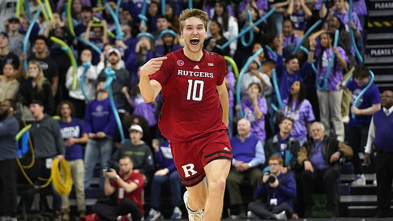 Jan 11, 2023; Evanston, Illinois, USA; Rutgers Scarlet Knights guard Cam Spencer (10) reacts after making the game winning three-point basket against the Northwestern Wildcats during the second half at Welsh-Ryan Arena. Mandatory Credit: David Banks-USA TODAY Sports