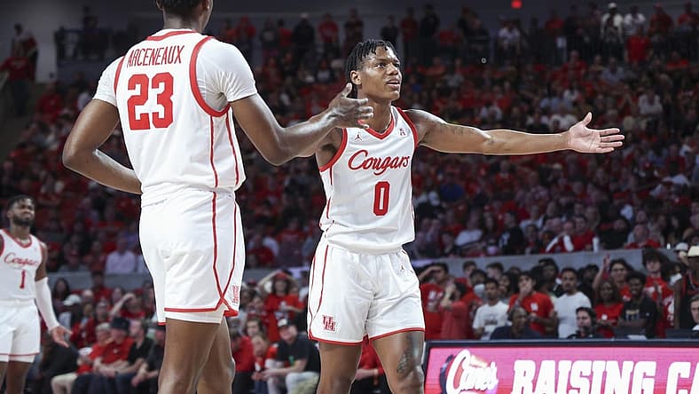 Jan 11, 2023; Houston, Texas, USA; Houston Cougars guard Marcus Sasser (0) during the game against the South Florida Bulls at Fertitta Center. Mandatory Credit: Troy Taormina-USA TODAY Sports