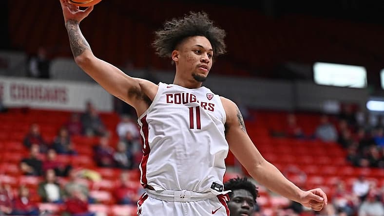 Jan 11, 2023; Pullman, Washington, USA; Washington State Cougars forward DJ Rodman (11) rebounds the ball against the California Golden Bears in the second half at Friel Court at Beasley Coliseum. Mandatory Credit: James Snook-USA TODAY Sports
