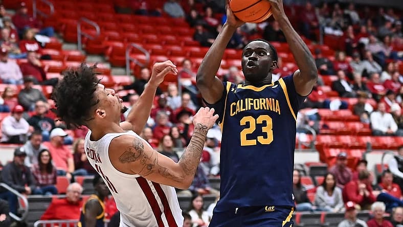 Jan 11, 2023; Pullman, Washington, USA; Washington State Cougars forward DJ Rodman (11) takes a charge from California Golden Bears forward Obinna Anyanwu (23) in the second half at Friel Court at Beasley Coliseum. Mandatory Credit: James Snook-USA TODAY Sports
