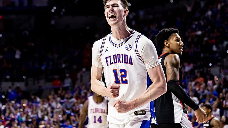 Jan 7, 2023; Gainesville, Florida, USA; Florida Gators forward Colin Castleton (12) during the second half against the Georgia Bulldogs at Exactech Arena at the Stephen C. O'Connell Center. Mandatory Credit: Matt Pendleton-USA TODAY Sports