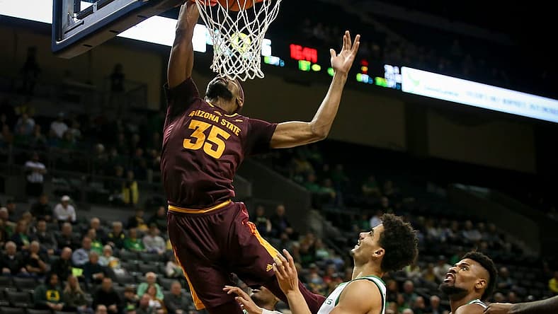 Arizona State guard Devan Cambridge dunks the ball during the first half as the Oregon Ducks host the Arizona State Sun Devils Thursday, Jan. 12, 2022, at Matthew Knight Arena in Eugene, Ore.
Ncaa Basketball Arizona State At Oregon Basketball Arizona State At Oregon