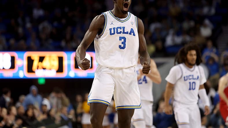 Jan 12, 2023; Los Angeles, California, USA; UCLA Bruins forward Adem Bona (3) reacts after a dunk during the first half against the Utah Utes at Pauley Pavilion presented by Wescom. Mandatory Credit: Kiyoshi Mio-USA TODAY Sports