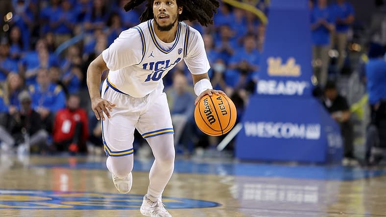Jan 12, 2023; Los Angeles, California, USA; UCLA Bruins guard Tyger Campbell (10) dribbles the ball during the second half against the Utah Utes at Pauley Pavilion presented by Wescom. Mandatory Credit: Kiyoshi Mio-USA TODAY Sports