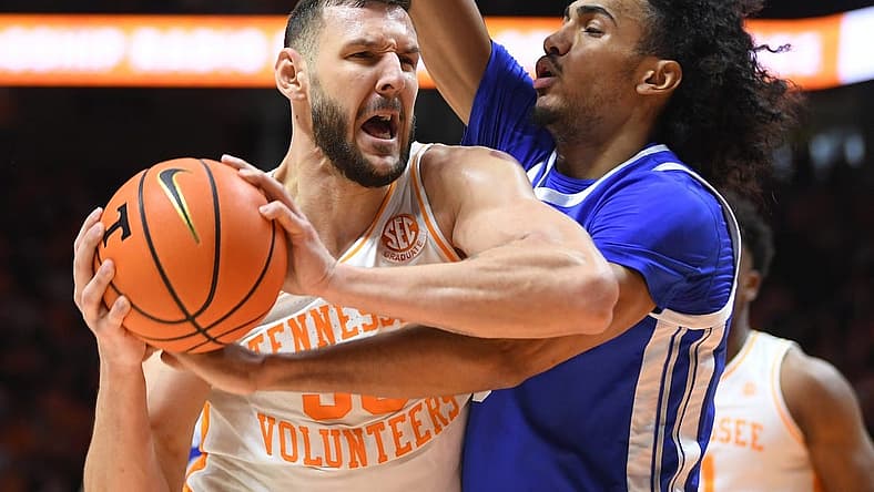 Tennessee forward Uros Plavsic (33) takes a shot during a game between the Tennessee Vols and the Kentucky Wildcats, in Thompson-Boling Arena, in Knoxville, Tenn., Saturday, Jan. 14, 2023.
Volskentucky0114 0761