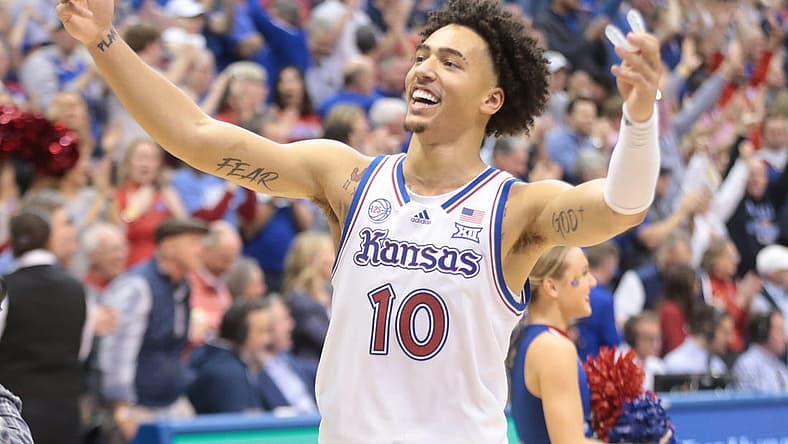 Kansas redshirt junior forward Jalen Wilson (10) celebrates their 62-60 win over Iowa State Saturday inside Allen Fieldhouse.