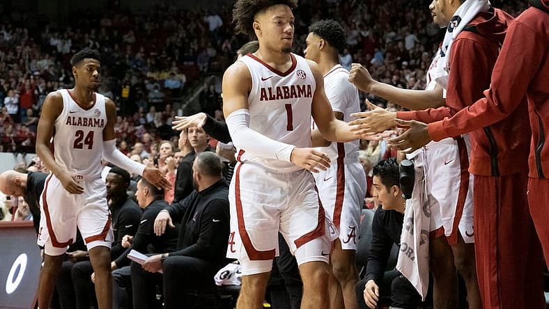 Jan 14, 2023; Tuscaloosa, AL, USA; Alabama guard Mark Sears (1) and Alabama forward Brandon Miller (24)] comet out of the game late against LSU at Coleman Coliseum Saturday. Alabama defeated LSU 106-66.

Ncaa Basketball Alabama Vs Lsu
