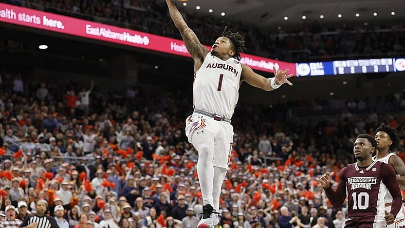 Jan 14, 2023; Auburn, Alabama, USA; Auburn Tigers guard Wendell Green Jr. (1) goes for a layup against the Mississippi State Bulldogs during the second half at Neville Arena. Mandatory Credit: John Reed-USA TODAY Sports
