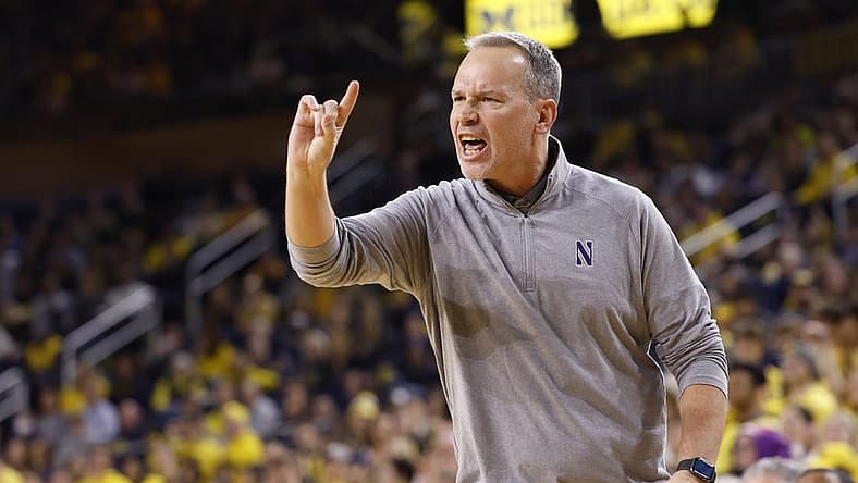 Jan 15, 2023; Ann Arbor, Michigan, USA; Northwestern Wildcats head coach Chris Collins reacts during the first half against the Michigan Wolverines t Crisler Center. Mandatory Credit: Rick Osentoski-USA TODAY Sports