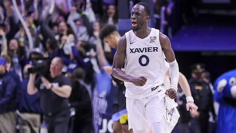 Jan 15, 2023; Cincinnati, Ohio, USA; Xavier Musketeers guard Souley Boum (0) reacts after the victory over the Marquette Golden Eagles at Cintas Center. Mandatory Credit: Katie Stratman-USA TODAY Sports