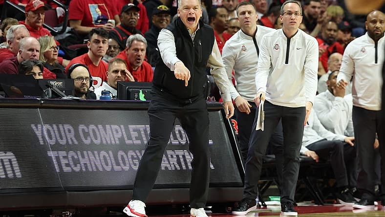 Jan 15, 2023; Piscataway, New Jersey, USA; Ohio State Buckeyes head coach Chris Holtmann reacts during the second half against the Rutgers Scarlet Knights at Jersey Mike's Arena. Mandatory Credit: Vincent Carchietta-USA TODAY Sports