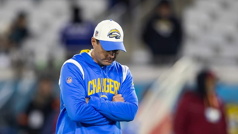 Jan 14, 2023; Jacksonville, Florida, USA; Los Angeles Chargers head coach Brandon Staley reacts against the Jacksonville Jaguars during a wild card playoff game at TIAA Bank Field. Mandatory Credit: Mark J. Rebilas-USA TODAY Sports