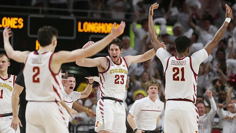 Iowa State University Cyclones forward Conrad Hawley (23)celebrates with guard Caleb Grill (2) and center Osun Osunniyi (21) during a time-out against Texas during the first half at Hilton Coliseum Tuesday, Jan. 17, 2022, in Ames, Iowa.  Photo by Nirmalendu Majumdar/Ames Tribune

Texas And Iowa State Men S Basketball