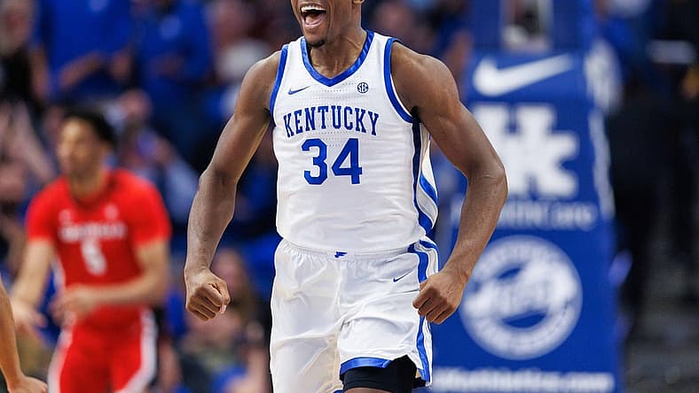 Jan 17, 2023; Lexington, Kentucky, USA; Kentucky Wildcats forward Oscar Tshiebwe (34) celebrates during the first half against the Georgia Bulldogs at Rupp Arena at Central Bank Center. Mandatory Credit: Jordan Prather-USA TODAY Sports