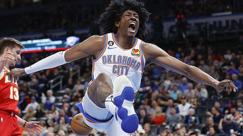 Jan 25, 2023; Oklahoma City, Oklahoma, USA; Oklahoma City Thunder forward Jalen Williams (8) celebrates after dunking against the Atlanta Hawks during the second half at Paycom Center. Mandatory Credit: Alonzo Adams-USA TODAY Sports