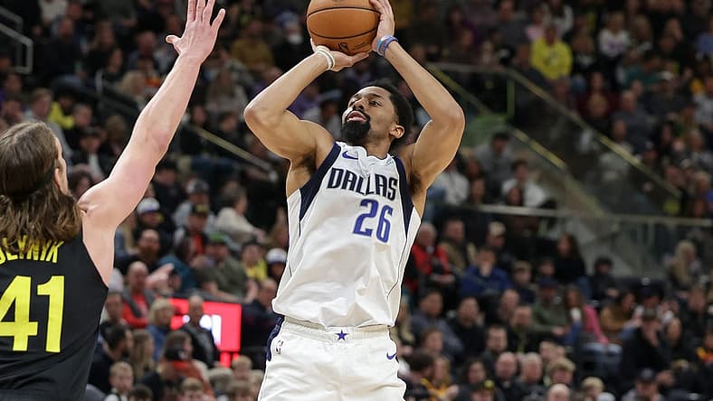 Jan 28, 2023; Salt Lake City, Utah, USA;  Dallas Mavericks guard Spencer Dinwiddie (26) shoots the ball during the second quarter against the Utah Jazz at Vivint Arena. Mandatory Credit: Chris Nicoll-USA TODAY Sports