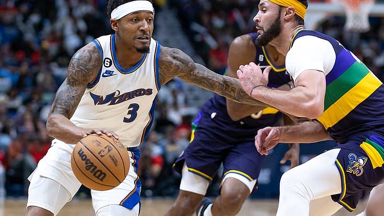 Jan 28, 2023; New Orleans, Louisiana, USA; Washington Wizards guard Bradley Beal (3) dribbles against New Orleans Pelicans forward Larry Nance Jr. (22) during the second half at Smoothie King Center. Mandatory Credit: Stephen Lew-USA TODAY Sports