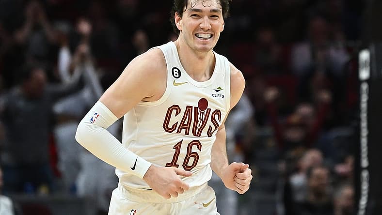 Jan 29, 2023; Cleveland, Ohio, USA; Cleveland Cavaliers forward Cedi Osman (16) smiles after a basket during the second half against the Los Angeles Clippers at Rocket Mortgage FieldHouse. Mandatory Credit: Ken Blaze-USA TODAY Sports