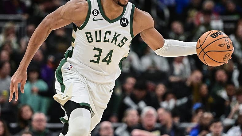 Jan 29, 2023; Milwaukee, Wisconsin, USA; Milwaukee Bucks forward Giannis Antetokounmpo (34) drives for the basket in the third quarter during game against the New Orleans Pelicans at Fiserv Forum. Mandatory Credit: Benny Sieu-USA TODAY Sports