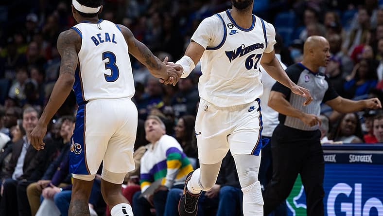 Jan 28, 2023; New Orleans, Louisiana, USA; Washington Wizards forward Taj Gibson (67) and guard Bradley Beal (3) against the New Orleans Pelicans during the first half at Smoothie King Center. Mandatory Credit: Stephen Lew-USA TODAY Sports
