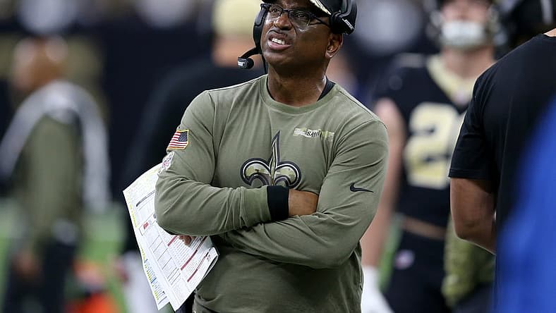Nov 7, 2021; New Orleans, Louisiana, USA; New Orleans Saints assistant coach Curtis Johnson during the second quarter against the Atlanta Falcons at the Caesars Superdome. Mandatory Credit: Chuck Cook-USA TODAY Sports