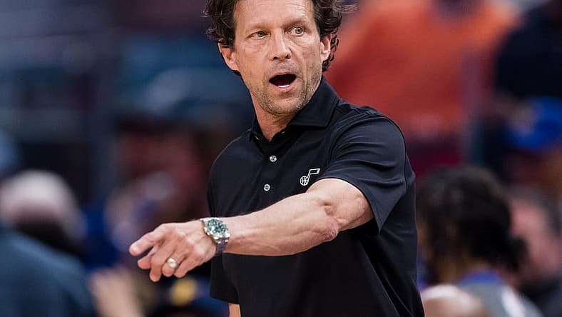 Apr 2, 2022; San Francisco, California, USA; Utah Jazz head coach Quin Snyder reacts during the first half against the Golden State Warriors at Chase Center. Mandatory Credit: John Hefti-USA TODAY Sports