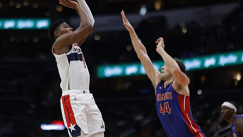 Oct 25, 2022; Washington, District of Columbia, USA; Washington Wizards forward Rui Hachimura (8) shoots the ball over Detroit Pistons forward Bojan Bogdanovic (44) in the third quarter at Capital One Arena. Mandatory Credit: Geoff Burke-USA TODAY Sports
