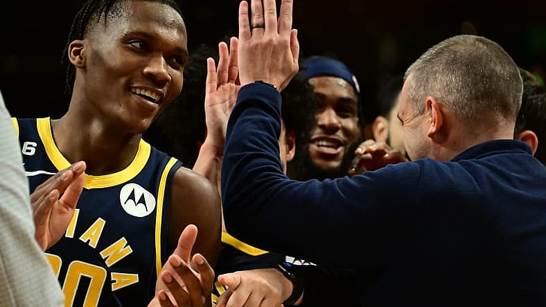 Nov 28, 2022; Los Angeles, California, USA; Indiana Pacers guard Bennedict Mathurin (00) celebrates after the game against the Los Angeles Lakers at Crypto.com Arena. Mandatory Credit: Richard Mackson-USA TODAY Sports