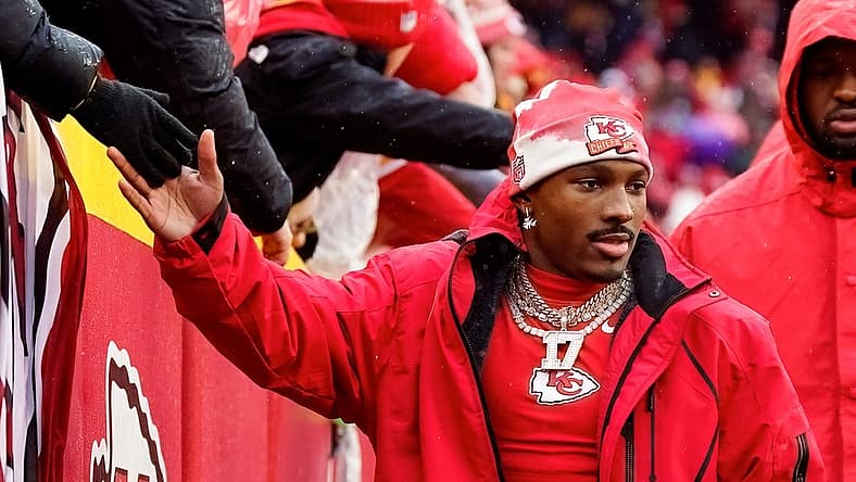 Jan 21, 2023; Kansas City, Missouri, USA; Kansas City Chiefs wide receiver Mecole Hardman (17) greets fans prior to an AFC divisional round game against the Jacksonville Jaguars at GEHA Field at Arrowhead Stadium. Mandatory Credit: Jay Biggerstaff-USA TODAY Sports