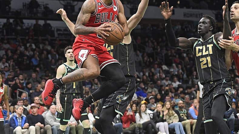 Jan 26, 2023; Charlotte, North Carolina, USA; Chicago Bulls guard Coby White (0) looks to pass during the second half against the Charlotte Hornets at the Spectrum Center. Mandatory Credit: Sam Sharpe-USA TODAY Sports