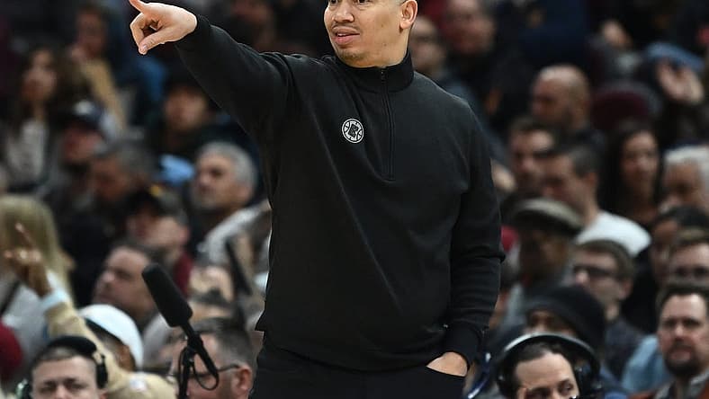 Jan 29, 2023; Cleveland, Ohio, USA; Los Angeles Clippers head coach Tyronn Lue reacts during the second half against the Cleveland Cavaliers at Rocket Mortgage FieldHouse. Mandatory Credit: Ken Blaze-USA TODAY Sports