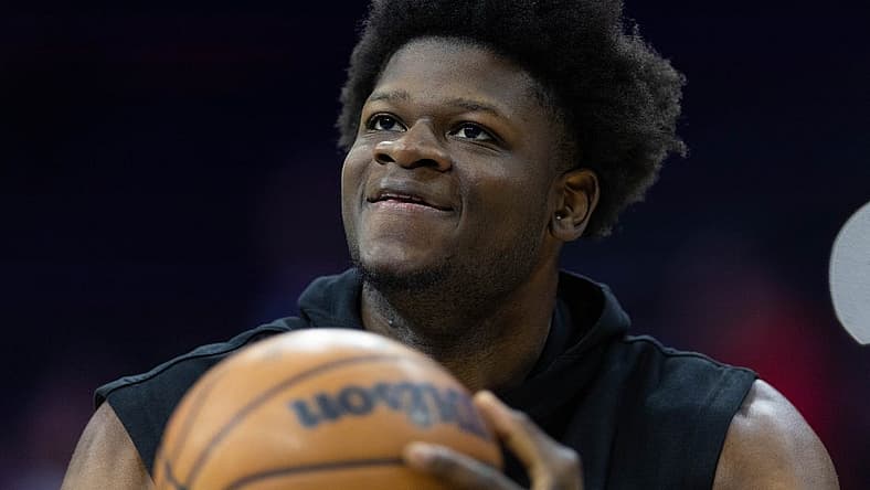 Feb 1, 2023; Philadelphia, Pennsylvania, USA; Orlando Magic center Mo Bamba warms up before action against the Philadelphia 76ers at Wells Fargo Center. Mandatory Credit: Bill Streicher-USA TODAY Sports