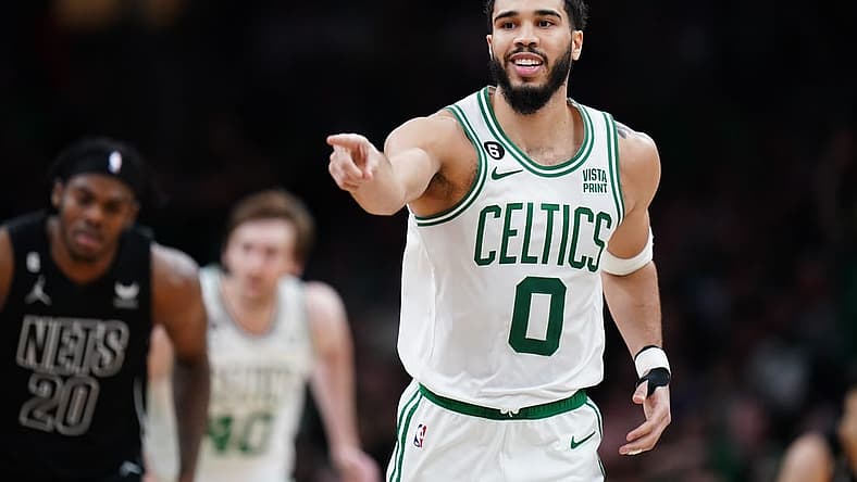 Feb 1, 2023; Boston, Massachusetts, USA; Boston Celtics forward Jayson Tatum (0) reacts after his three point basket against the Brooklyn Nets in the second half at TD Garden. Mandatory Credit: David Butler II-USA TODAY Sports