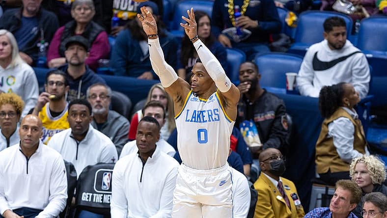 Feb 4, 2023; New Orleans, Louisiana, USA; Los Angeles Lakers guard Russell Westbrook (0) shoots a jump shot against the New Orleans Pelicans during the first half at Smoothie King Center. Mandatory Credit: Stephen Lew-USA TODAY Sports