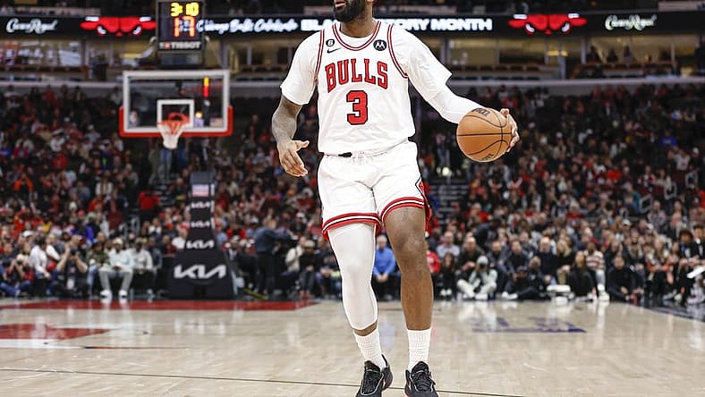 Feb 6, 2023; Chicago, Illinois, USA; Chicago Bulls center Andre Drummond (3) drives to the basket against the San Antonio Spurs during the first half at United Center. Mandatory Credit: Kamil Krzaczynski-USA TODAY Sports