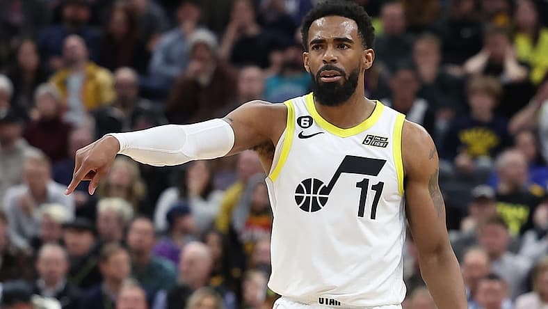 Feb 6, 2023; Salt Lake City, Utah, USA; Utah Jazz guard Mike Conley (11) calls a play against the Dallas Mavericks in the fourth quarter at Vivint Arena. Mandatory Credit: Rob Gray-USA TODAY Sports