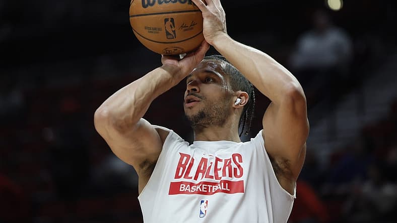 Feb 8, 2023; Portland, Oregon, USA; Portland Trail Blazers shooting guard Josh Hart (11) warms up prior to a game against the Golden State Warriors at Moda Center. Mandatory Credit: Soobum Im-USA TODAY Sports