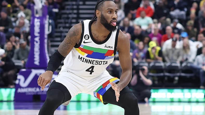 Feb 8, 2023; Salt Lake City, Utah, USA; Minnesota Timberwolves guard Jaylen Nowell (4) reacts to making a three point shot at the buzzer against the Utah Jazz to end the first half at Vivint Arena. Mandatory Credit: Rob Gray-USA TODAY Sports