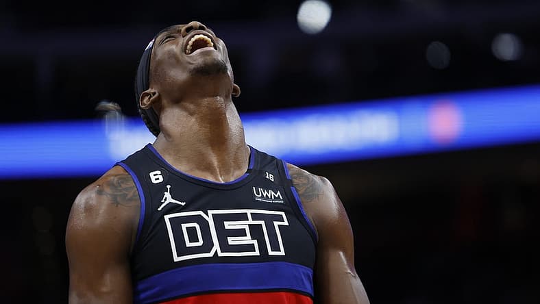 Feb 10, 2023; Detroit, Michigan, USA;  Detroit Pistons center Jalen Duren (0) reacts to a call in the first half against the San Antonio Spurs at Little Caesars Arena. Mandatory Credit: Rick Osentoski-USA TODAY Sports