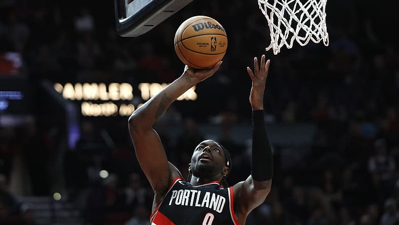 Feb 10, 2023; Portland, Oregon, USA; Portland Trail Blazers small forward Jerami Grant (9) shoots the ball during the first half against the Oklahoma City Thunder at Moda Center. Mandatory Credit: Soobum Im-USA TODAY Sports